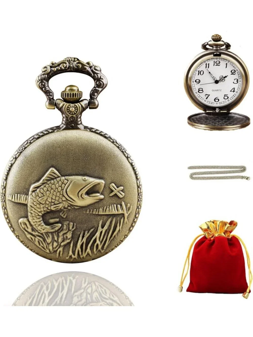 Men's Brown Analog Quartz Fesh Shape Pendant Necklace Round Case Pocket Watch